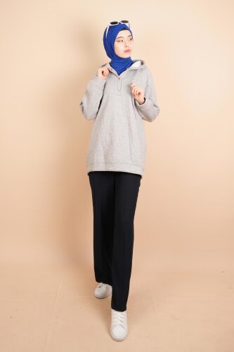 Kapüşonlu Sweat Yarım Çıtçıt Detaylı Sweat Gri 