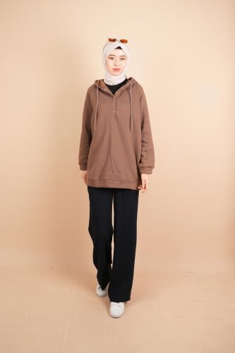 Kapüşonlu Sweat Yarım Çıtçıt Detaylı Sweat Kahverengi - 03Kız Kulesi Teks (1)