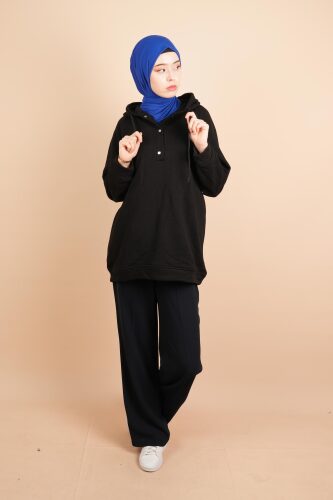 Kapüşonlu Sweat Yarım Çıtçıt Detaylı Sweat Siyah - 03Kız Kulesi Teks (1)