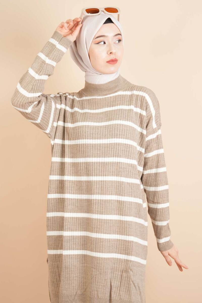 Kendinden Fitilli Yan Çizgili Tunik Kazak Bej - 1