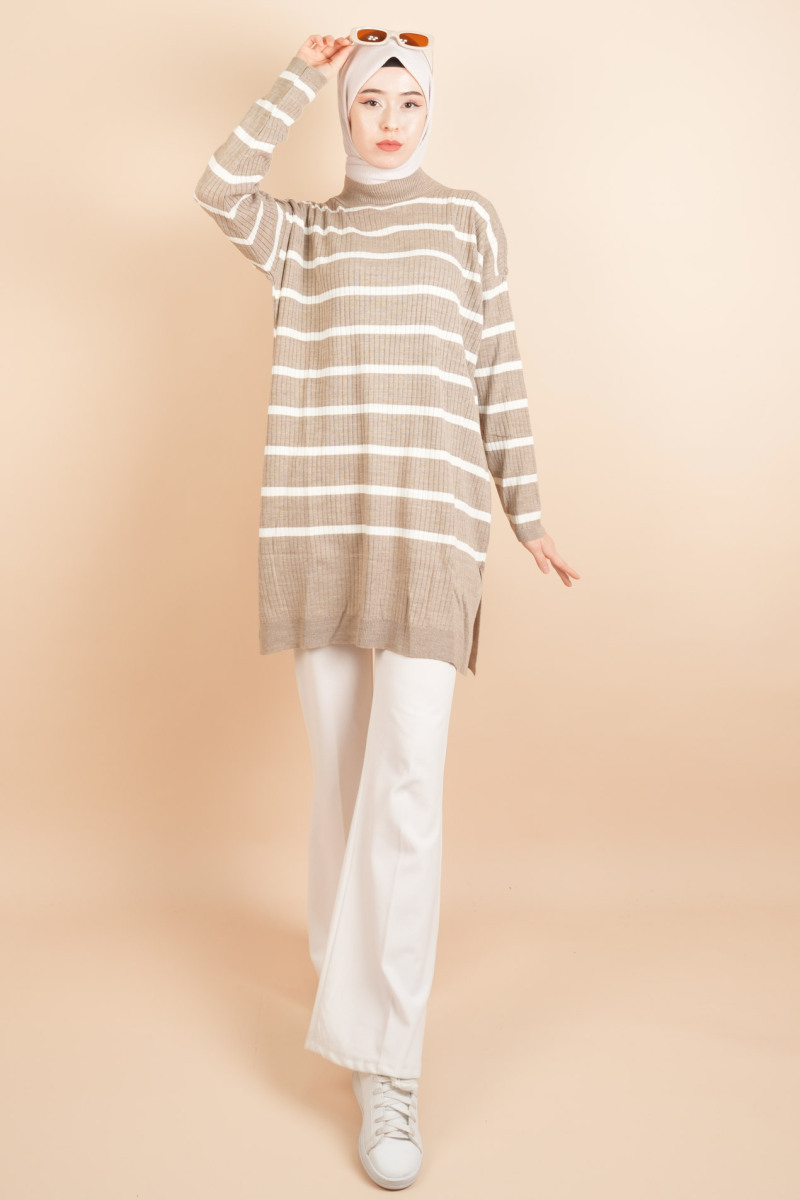 Kendinden Fitilli Yan Çizgili Tunik Kazak Bej - 2