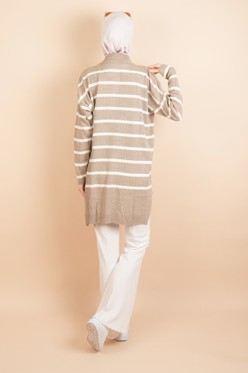 Kendinden Fitilli Yan Çizgili Tunik Kazak Bej - 3