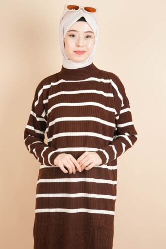 Kendinden Fitilli Yan Çizgili Tunik Kazak Kahverengi - 03Kız Kulesi Teks