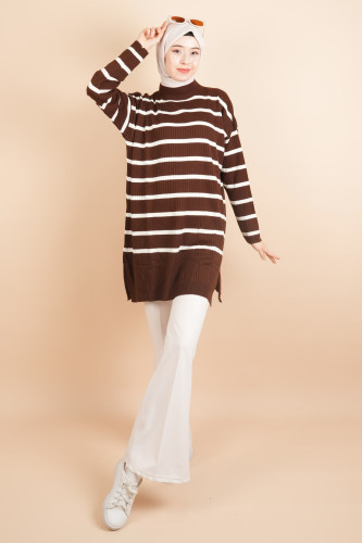Kendinden Fitilli Yan Çizgili Tunik Kazak Kahverengi - 03Kız Kulesi Teks (1)