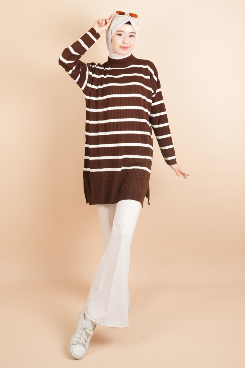 Kendinden Fitilli Yan Çizgili Tunik Kazak Kahverengi - 2