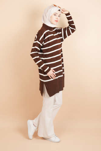 Kendinden Fitilli Yan Çizgili Tunik Kazak Kahverengi - 3