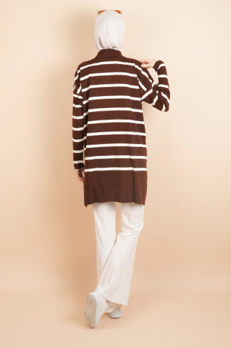 Kendinden Fitilli Yan Çizgili Tunik Kazak Kahverengi - 4