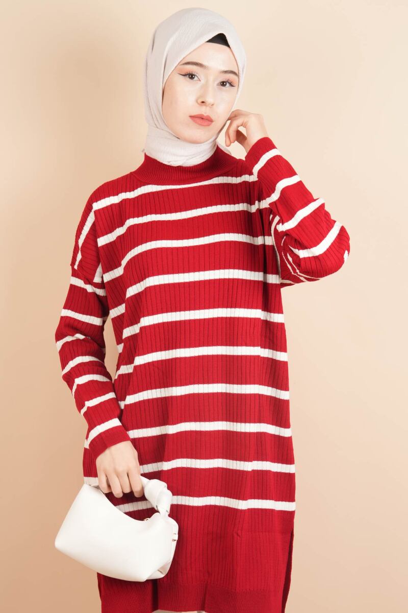 Kendinden Fitilli Yan Çizgili Tunik Kazak Kırmızı - 1