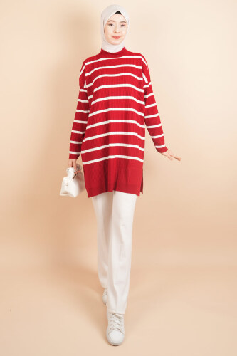 Kendinden Fitilli Yan Çizgili Tunik Kazak Kırmızı - 03Kız Kulesi Teks (1)