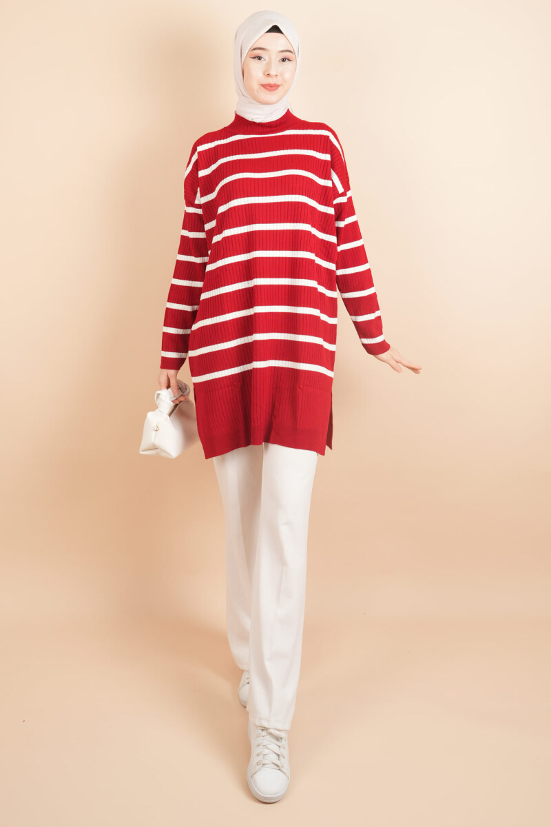 Kendinden Fitilli Yan Çizgili Tunik Kazak Kırmızı - 2