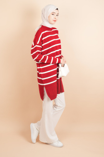 Kendinden Fitilli Yan Çizgili Tunik Kazak Kırmızı - 3