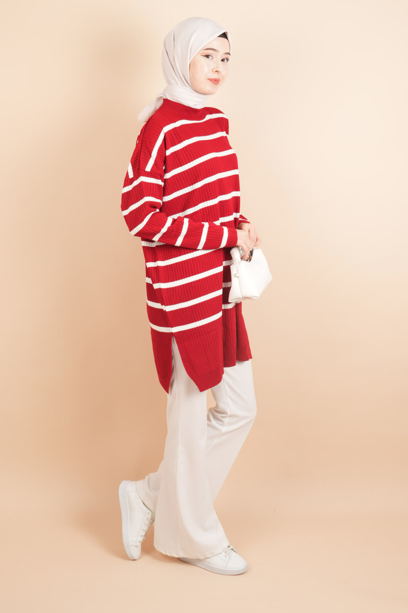 Kendinden Fitilli Yan Çizgili Tunik Kazak Kırmızı - 3