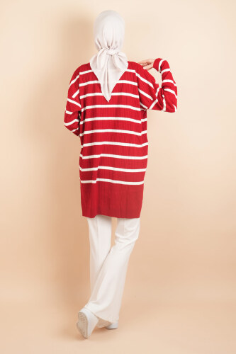 Kendinden Fitilli Yan Çizgili Tunik Kazak Kırmızı - 4