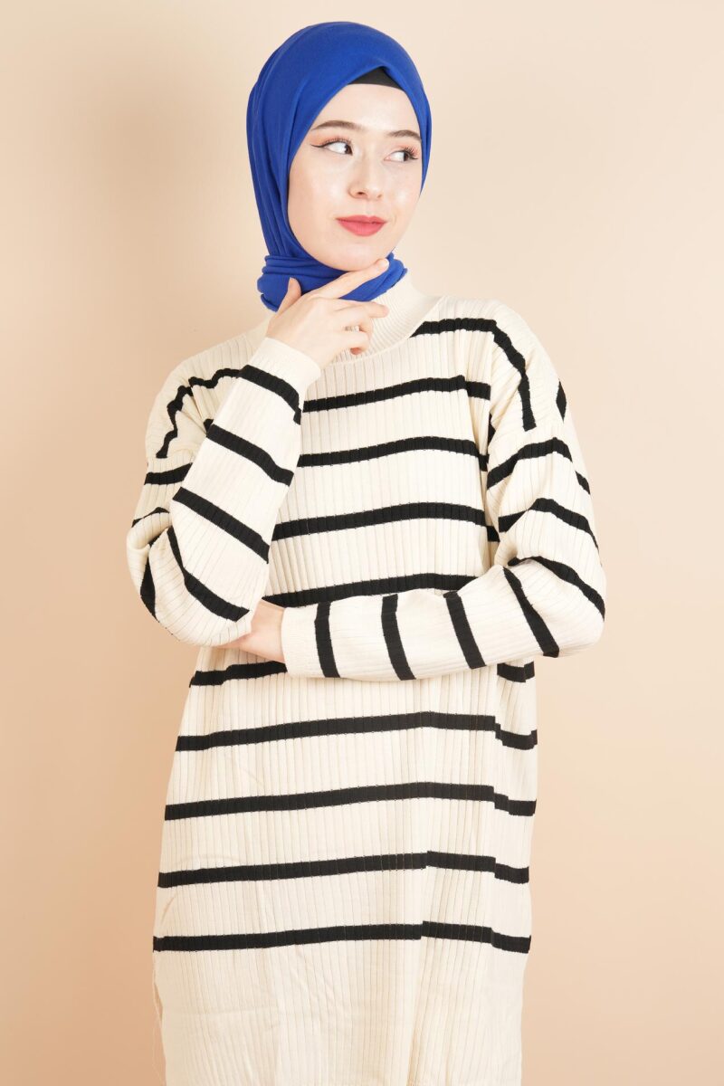 Kendinden Fitilli Yan Çizgili Tunik Kazak Krem - 1