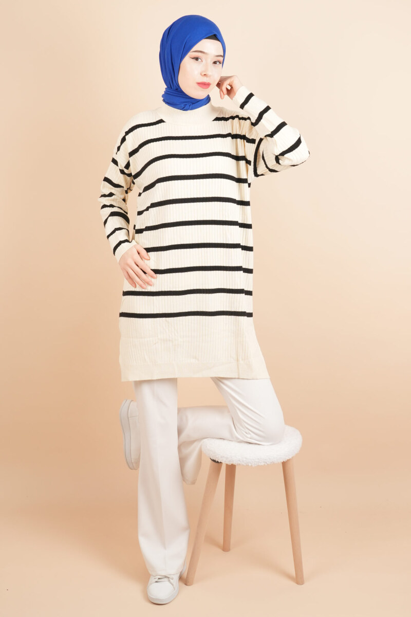 Kendinden Fitilli Yan Çizgili Tunik Kazak Krem - 2