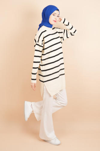 Kendinden Fitilli Yan Çizgili Tunik Kazak Krem - 3