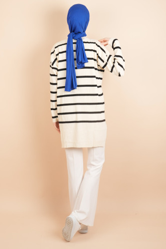 Kendinden Fitilli Yan Çizgili Tunik Kazak Krem - 4