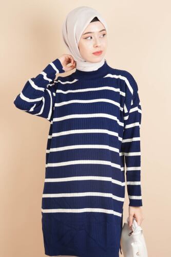 Kendinden Fitilli Yan Çizgili Tunik Kazak Lacivert - 03Kız Kulesi Teks