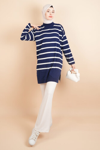 Kendinden Fitilli Yan Çizgili Tunik Kazak Lacivert - 03Kız Kulesi Teks (1)