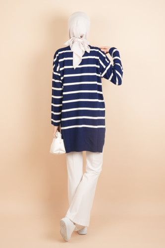 Kendinden Fitilli Yan Çizgili Tunik Kazak Lacivert - 4