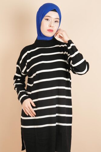 Kendinden Fitilli Yan Çizgili Tunik Kazak Siyah - 03Kız Kulesi Teks