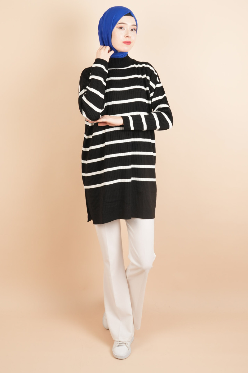 Kendinden Fitilli Yan Çizgili Tunik Kazak Siyah - 2