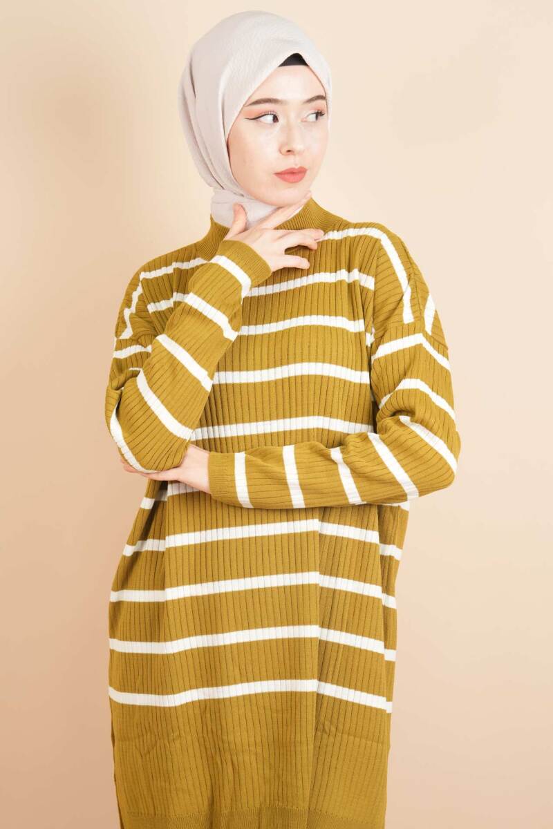 Kendinden Fitilli Yan Çizgili Tunik Kazak Yağ Yeşili - 1