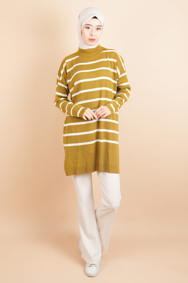 Kendinden Fitilli Yan Çizgili Tunik Kazak Yağ Yeşili - 2