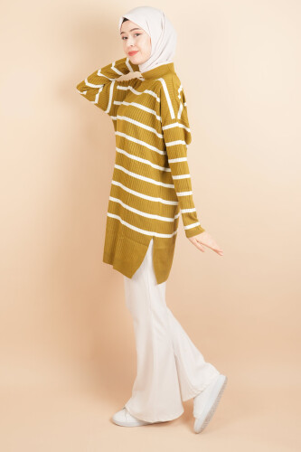 Kendinden Fitilli Yan Çizgili Tunik Kazak Yağ Yeşili - 4