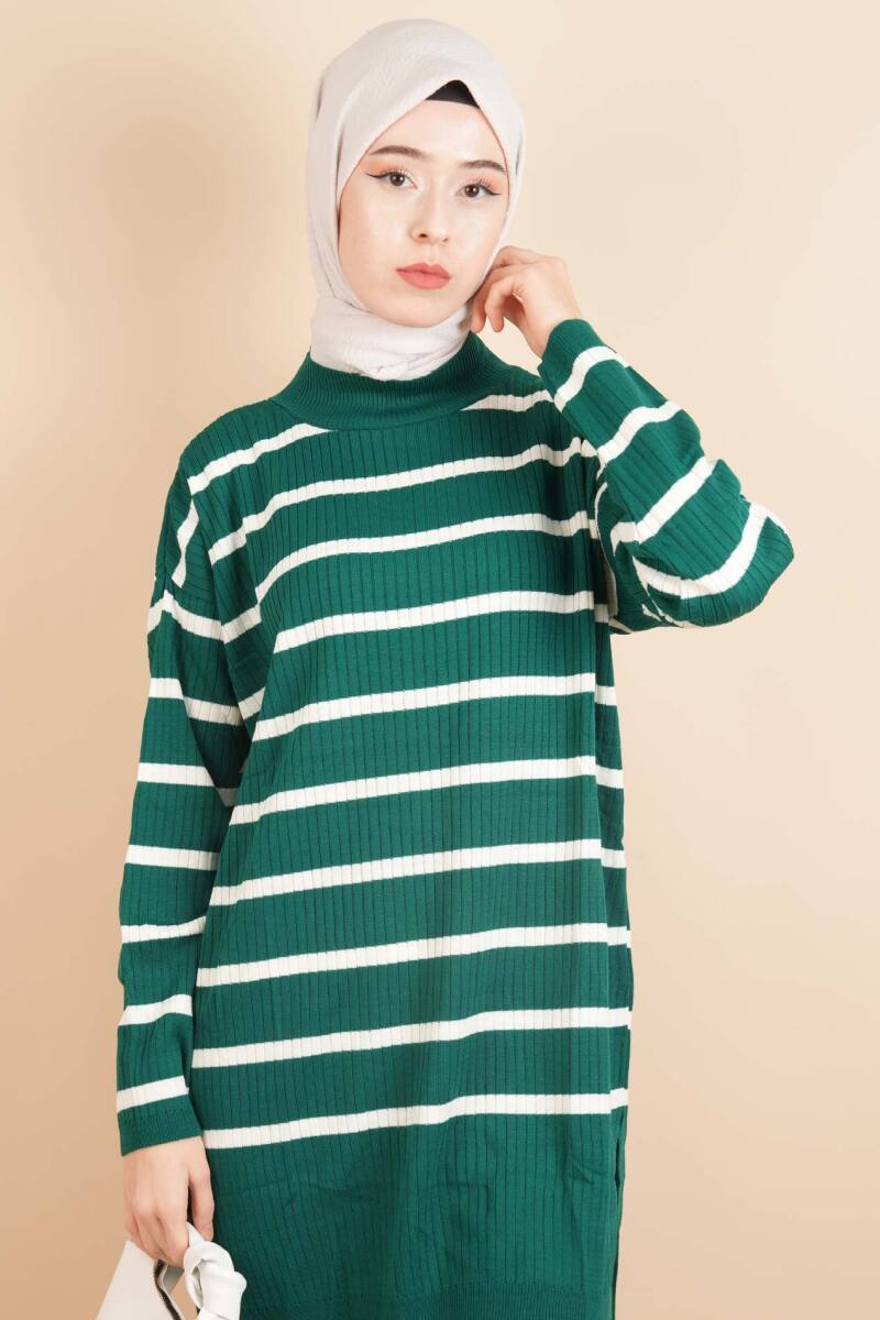 Kendinden Fitilli Yan Çizgili Tunik Kazak Zümrüt - 1