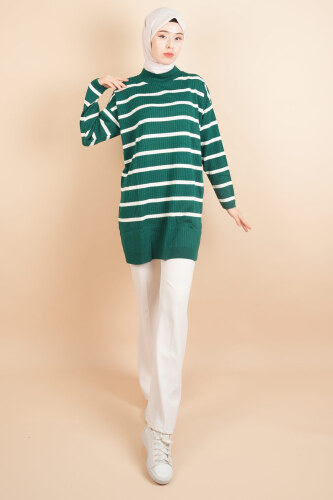 Kendinden Fitilli Yan Çizgili Tunik Kazak Zümrüt - 03Kız Kulesi Teks (1)