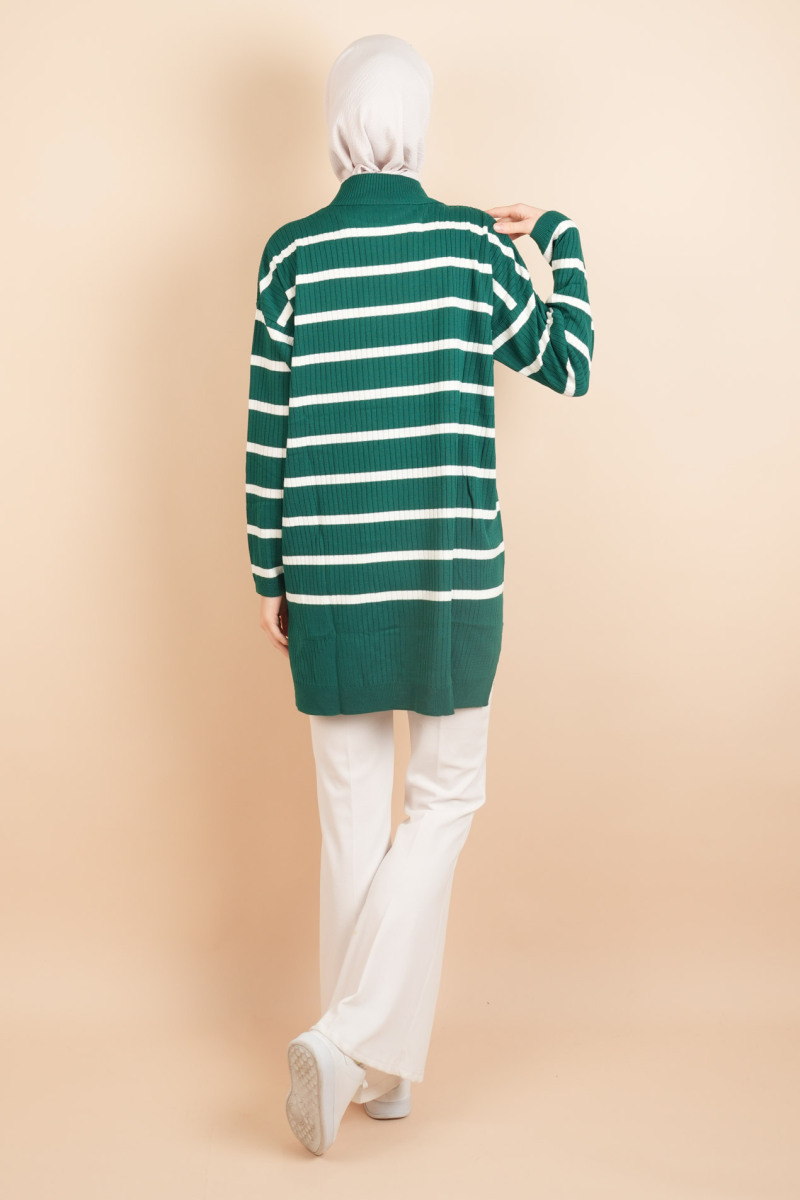 Kendinden Fitilli Yan Çizgili Tunik Kazak Zümrüt - 3