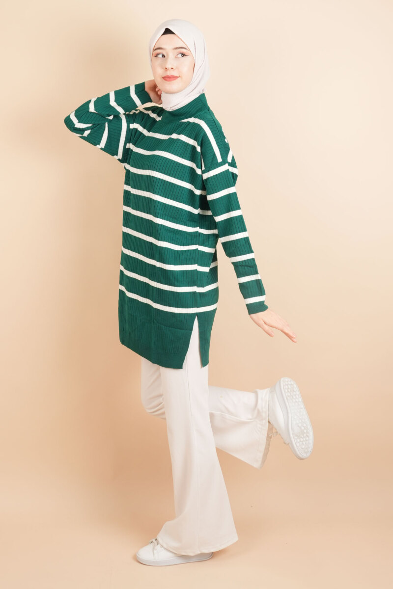 Kendinden Fitilli Yan Çizgili Tunik Kazak Zümrüt - 4