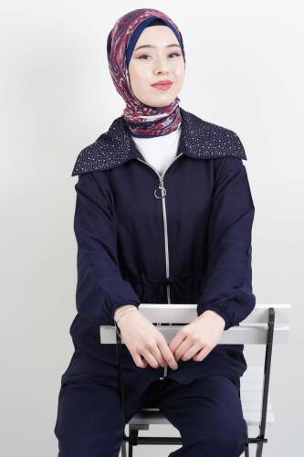 Keten 2 li Takım Yaka Taş bel Tünel Detaylı Takım Lacivert - 2