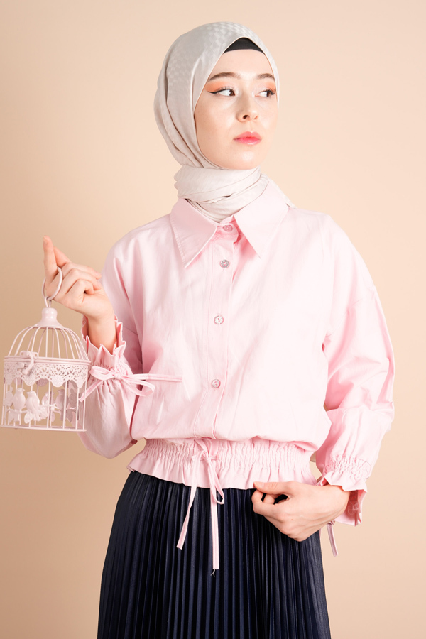 Kısa Bluz Sım Dugmeli Bel Baglamalalı Kol Gıpelı Bluz Açık Pembe - 1