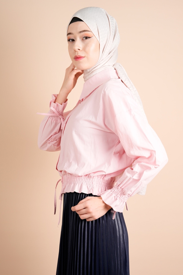 Kısa Bluz Sım Dugmeli Bel Baglamalalı Kol Gıpelı Bluz Açık Pembe - 2