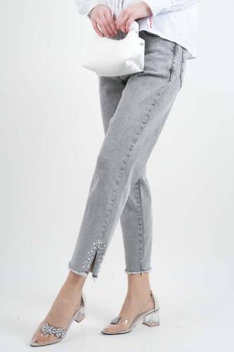 Kot Pantolon Bayan Paça Püsküllü Yan Taş Yırtmaçlı Denim Pantolon Açık Gri - 1
