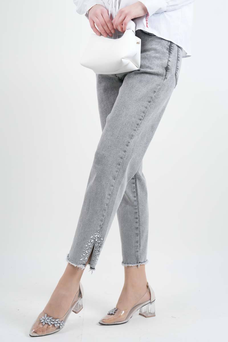 Kot Pantolon Bayan Paça Püsküllü Yan Taş Yırtmaçlı Denim Pantolon Açık Gri - 1