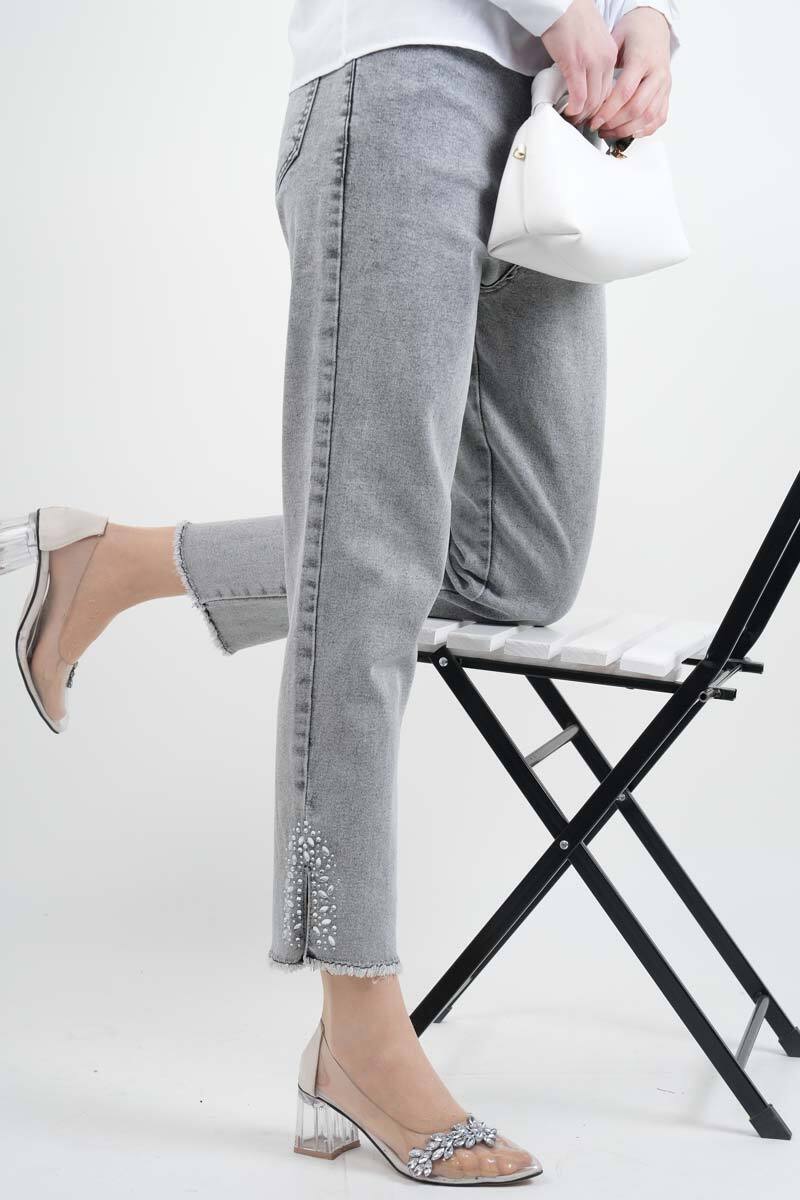 Kot Pantolon Bayan Paça Püsküllü Yan Taş Yırtmaçlı Denim Pantolon Açık Gri - 2