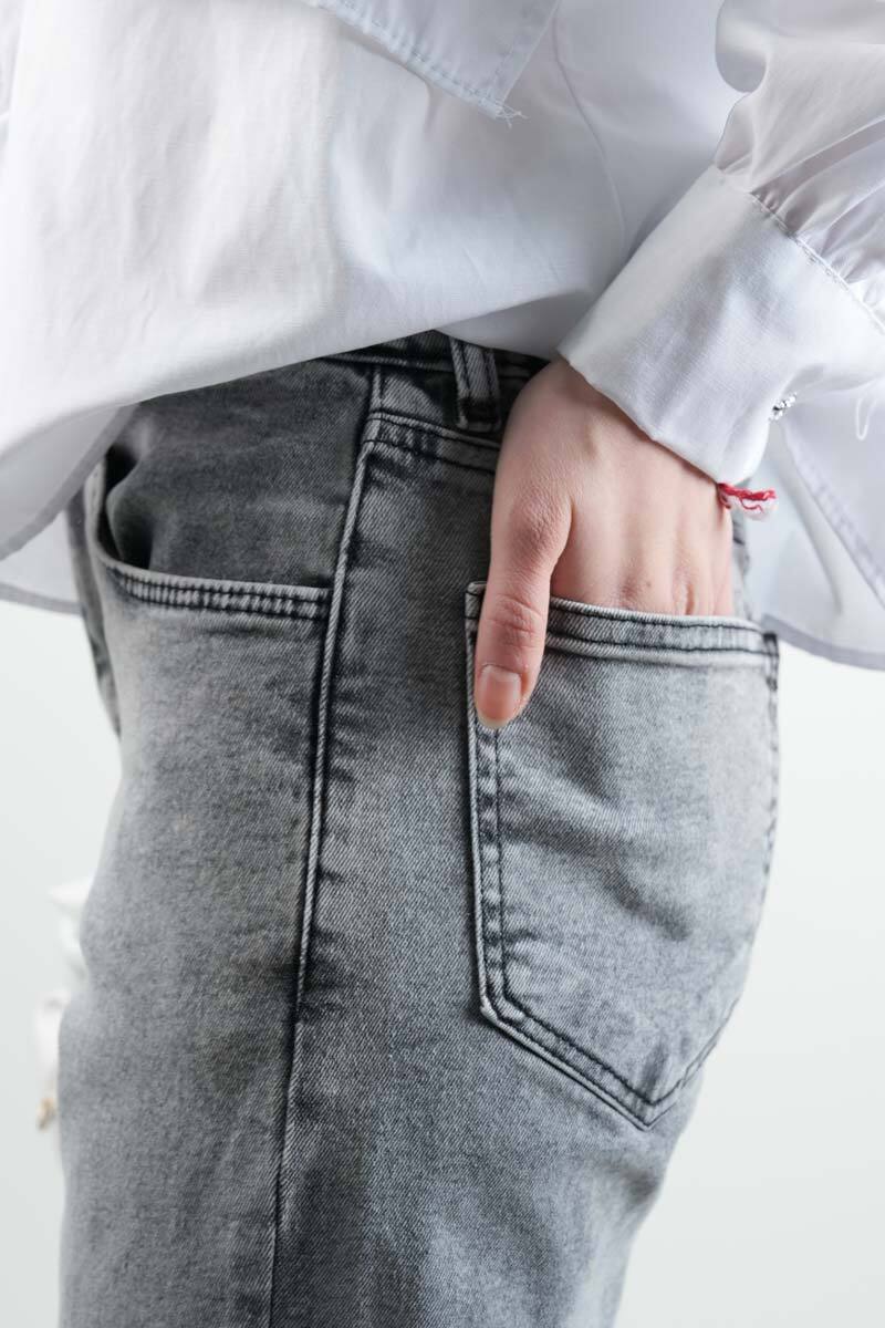 Kot Pantolon Bayan Paça Püsküllü Yan Taş Yırtmaçlı Denim Pantolon Açık Gri - 3