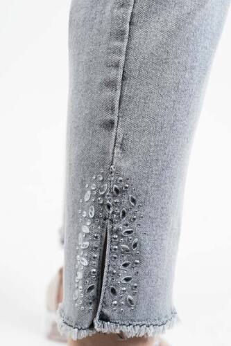 Kot Pantolon Bayan Paça Püsküllü Yan Taş Yırtmaçlı Denim Pantolon Açık Gri - 4