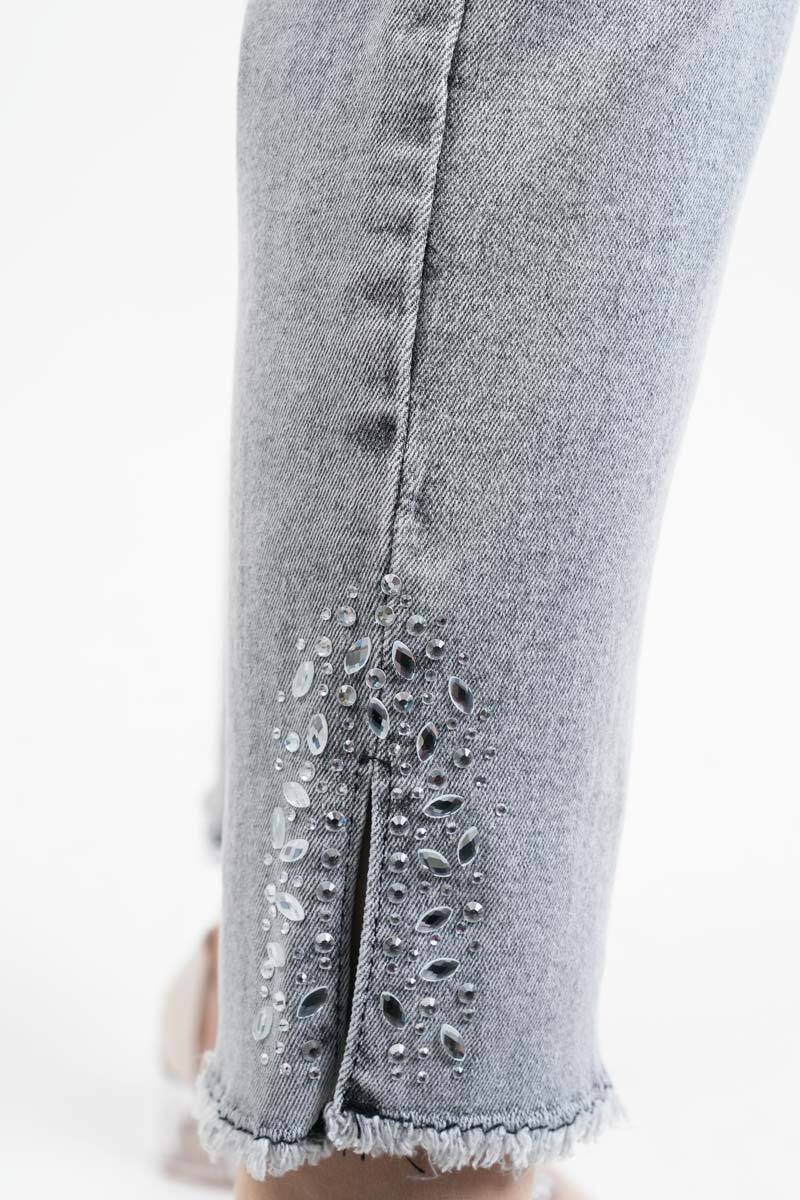 Kot Pantolon Bayan Paça Püsküllü Yan Taş Yırtmaçlı Denim Pantolon Açık Gri - 4