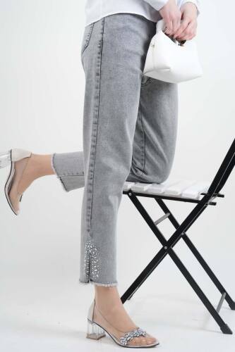 Kot Pantolon Bayan Paça Püsküllü Yan Taş Yırtmaçlı Denim Pantolon Açık Gri - 03Kız Kulesi Teks (1)