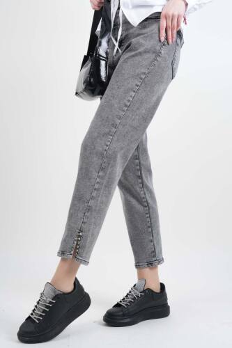 Kot Pantolon Bayan Yan Yırtmaç Taş Detaylı Denim Pantolon Açık Gri - 2