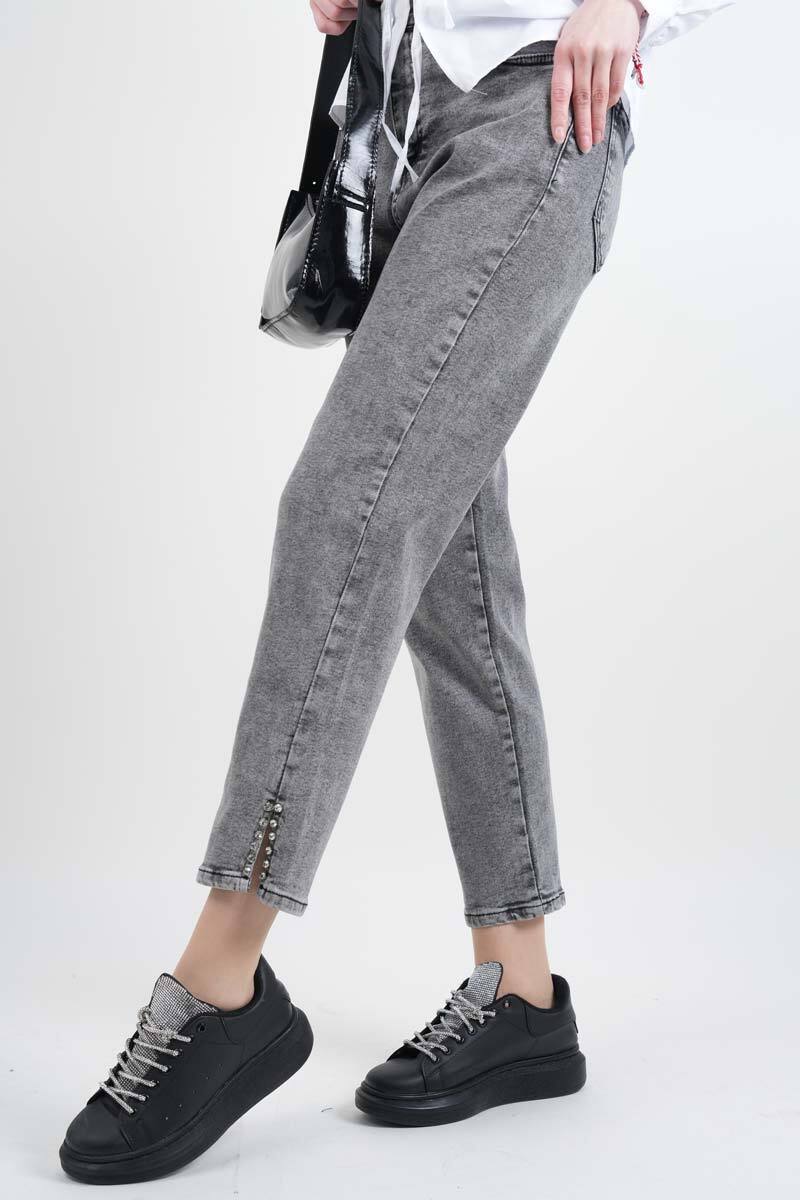 Kot Pantolon Bayan Yan Yırtmaç Taş Detaylı Denim Pantolon Açık Gri - 2