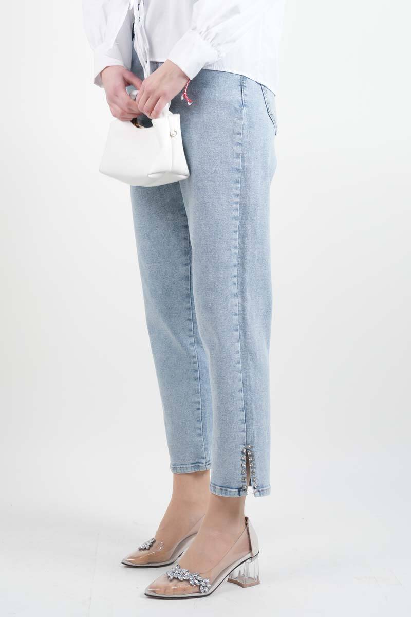 Kot Pantolon Bayan Yan Yırtmaç Taş Detaylı Denim Pantolon Açık Mavi - 1