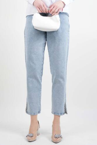 Kot Pantolon Bayan Yan Yırtmaç Taş Detaylı Denim Pantolon Açık Mavi - 2