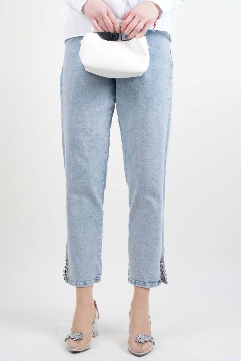 Kot Pantolon Bayan Yan Yırtmaç Taş Detaylı Denim Pantolon Açık Mavi - 2