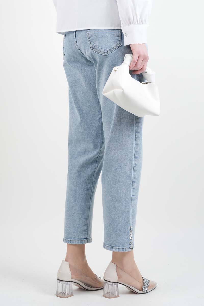 Kot Pantolon Bayan Yan Yırtmaç Taş Detaylı Denim Pantolon Açık Mavi - 3