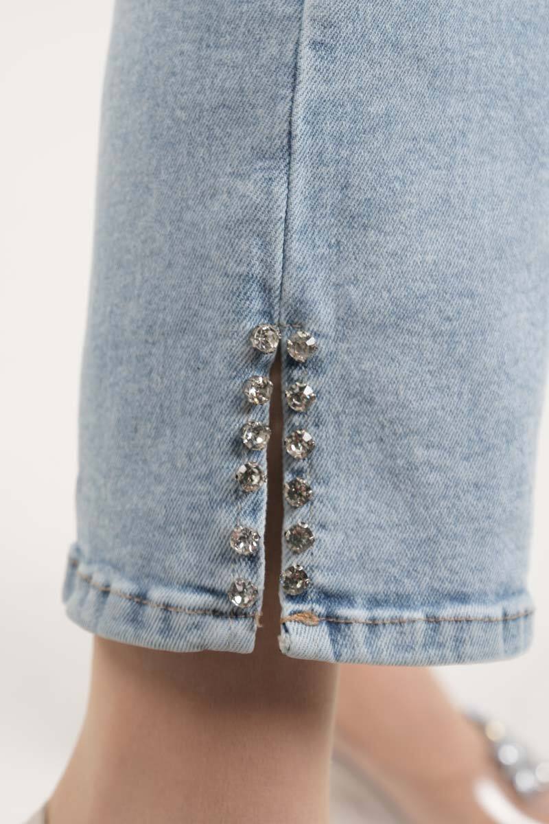 Kot Pantolon Bayan Yan Yırtmaç Taş Detaylı Denim Pantolon Açık Mavi - 4